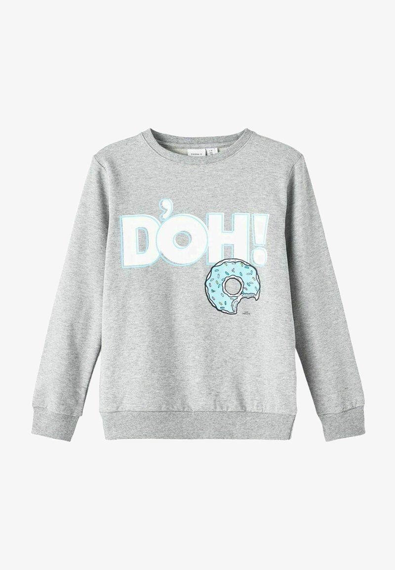 Sweat-shirt gris avec le texte "D'OH!" et un donut bleu givré avec une bouchée manquante sur le devant, poignets et ourlet côtelés.
