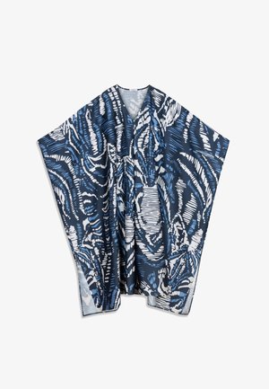 Kaftán de patrones azules y blancos con un diseño suelto y amplio, que presenta un escote en V y mangas fluidas. Hecho de tejido ligero.