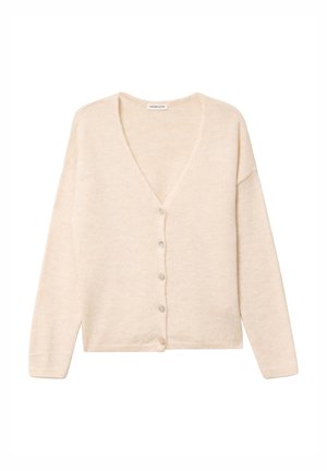 Beige cardigan med V-hals, lange ærmer og fem knapper foran. Fremstillet af blødt, tekstureret materiale. Casual pasform.