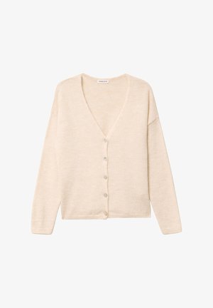 Beige cardigan med V-hals, lange ærmer og fem knapper foran. Fremstillet af blødt, tekstureret materiale. Casual pasform.