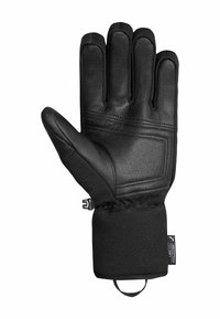 Schwarzer Lederhandschuh mit fünf Fingern, verstärktem Handflächenbereich und elastischem Bündchen. Verfügt über ein wasserabweisendes Gewebe am Handgelenk und eine Aufhängeschlaufe.