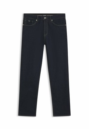 Donkere spijkerbroek met een klassieke rechte pijp, voorzien van vijf zakken, gouden stiksels en een knoopsluiting aan de voorkant.