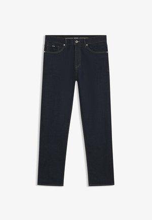 Donkere spijkerbroek met een klassieke rechte pijp, voorzien van vijf zakken, gouden stiksels en een knoopsluiting aan de voorkant.