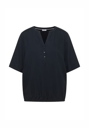 Czarna bluzka z krótkim rękawem, okrągłym dekoltem, listwą z trzema guzikami oraz elastycznym dołem, z metką "CECIL" wewnątrz kołnierza.