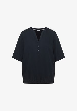 Blusa negra de manga corta con escote redondo, tapeta con tres botones y bajo elástico, con etiqueta "CECIL" en el interior del cuello.