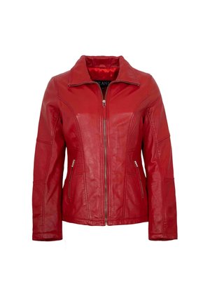 Red leather jacket with front zipper, two zippered side pockets, long sleeves, and a wide collar.