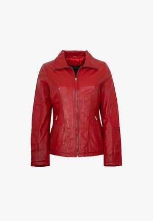 Red leather jacket with front zipper, two zippered side pockets, long sleeves, and a wide collar.