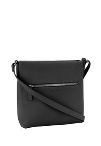 Borsa a tracolla nera realizzata in materiale texturizzato, con chiusura zip superiore e tasca frontale con zip. Include una tracolla regolabile.