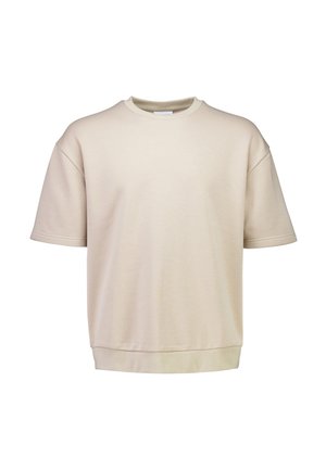 Beige Sweatshirt mit kurzen Ärmeln und Rundhalsausschnitt, mit geripptem Kragen, Bündchen und Saum, vor einem schlichten weißen Hintergrund präsentiert.