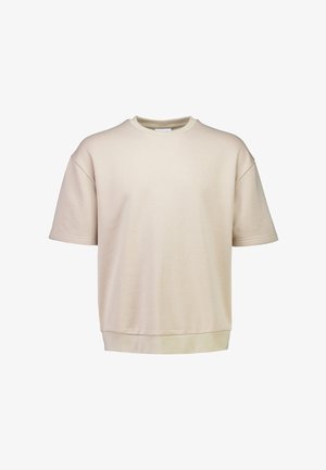 Beige Sweatshirt mit kurzen Ärmeln und Rundhalsausschnitt, mit geripptem Kragen, Bündchen und Saum, vor einem schlichten weißen Hintergrund präsentiert.