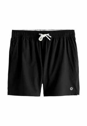 Schwarze Badeshorts mit elastischem Bund, weißem Kordelzug, Reißverschlusstasche an der Seite und kleinem weißem Sonnenlogo am vorderen Bein.