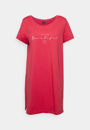Rotes Baumwoll-T-Shirt-Kleid mit Rundhalsausschnitt, kurzen Ärmeln und dem aufgedruckten Text "DU BIST Schön" mit einem Herzdesign.