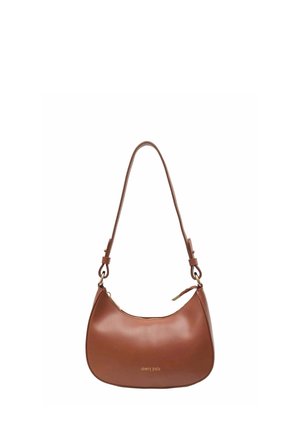 Sac à bandoulière en cuir marron avec fermeture éclair dorée et sangle réglable, avec petit logo doré "cherry paris" sur le devant.