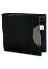 Black leather wallet with contrasting gray accent. Features white stitching and a visible zippered compartment, designed with card slots.