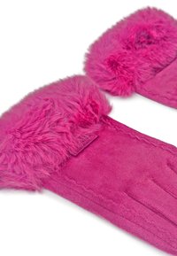 Guanti fucsia con polsini in pelliccia soffice. Realizzati in morbido suede, presentano cuciture pulite e una texture liscia per comfort e calore.