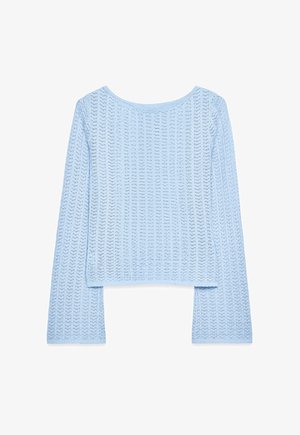 Light blue, long-sleeved top with a loose fit. Features a knitted texture and ribbed hem, with a wide neck and flared sleeves.