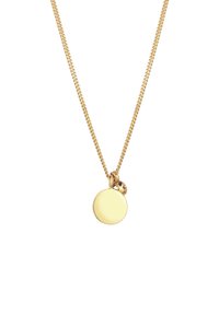 Gouden ketting met een glad, rond hangertje, versierd met een klein decoratief accent en een glanzende afwerking.
