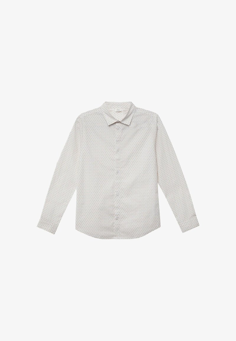 Chemise à manches longues boutonnée en tissu léger avec un motif géométrique subtil, dotée d'un col classique et de poignets à un seul bouton.