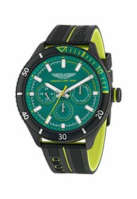 Czarny i zielony zegarek z fakturowaną okrągłą tarczą, białymi znacznikami godzin, detalami chronografu oraz gumowym paskiem z żółtymi akcentami.