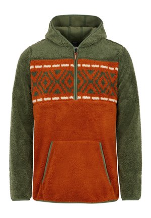Fleecinė pūkų striukė su žalia kapuche ir rankovėmis, oranžine kūno dalimi, margintu krūtine žalia, oranžine ir balta, su priekinėmis kišenėmis ir pusiau užtrauktuku.