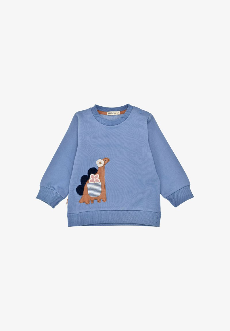 Helles blaues Sweatshirt mit einer Dinosaurier-Applikation und Blumen. Runder Kragen, lange Ärmel, gerippte Bündchen und Saum. Weicher Stoff.