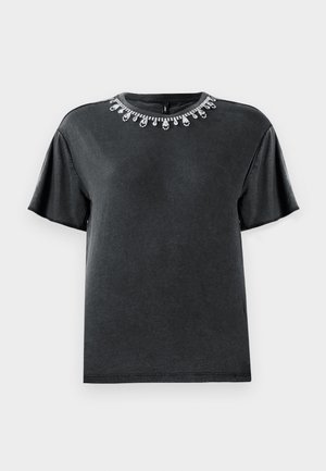 Šedé tričko s okrúhlym výstrihom a krátkymi volánovými rukávmi. Ozdobené flitrovou aplikáciou okolo goliera. Mäkka bavlnená tkanina.