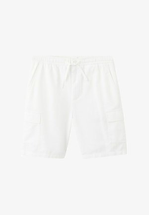 White knee-length cargo shorts with elastic waistband, drawstring, button closure, side pockets, and flap pockets on each leg.
