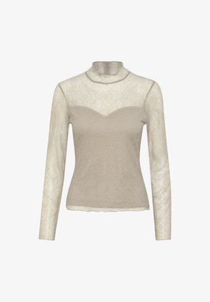 Beezhi pikka pikkade varrukatega top, millel on õhuke pitsist ülemine kiht, kõrge kaelus ja sobiv kehaosa. Tekstuuriga lillemuster ja laineline äär.