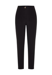 Zwarte op maat gemaakte broeken met een fitted taille, voorzien van zijzakken, naaddetails en een sluiting met een voorknop. Glad stof met een elegante afwerking.