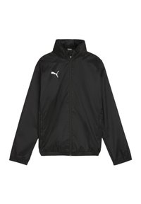 Veste coupe-vent noire avec fermeture éclair à l'avant, col montant et logo blanc sur la poitrine gauche. Fabriquée en matériau léger et lisse.