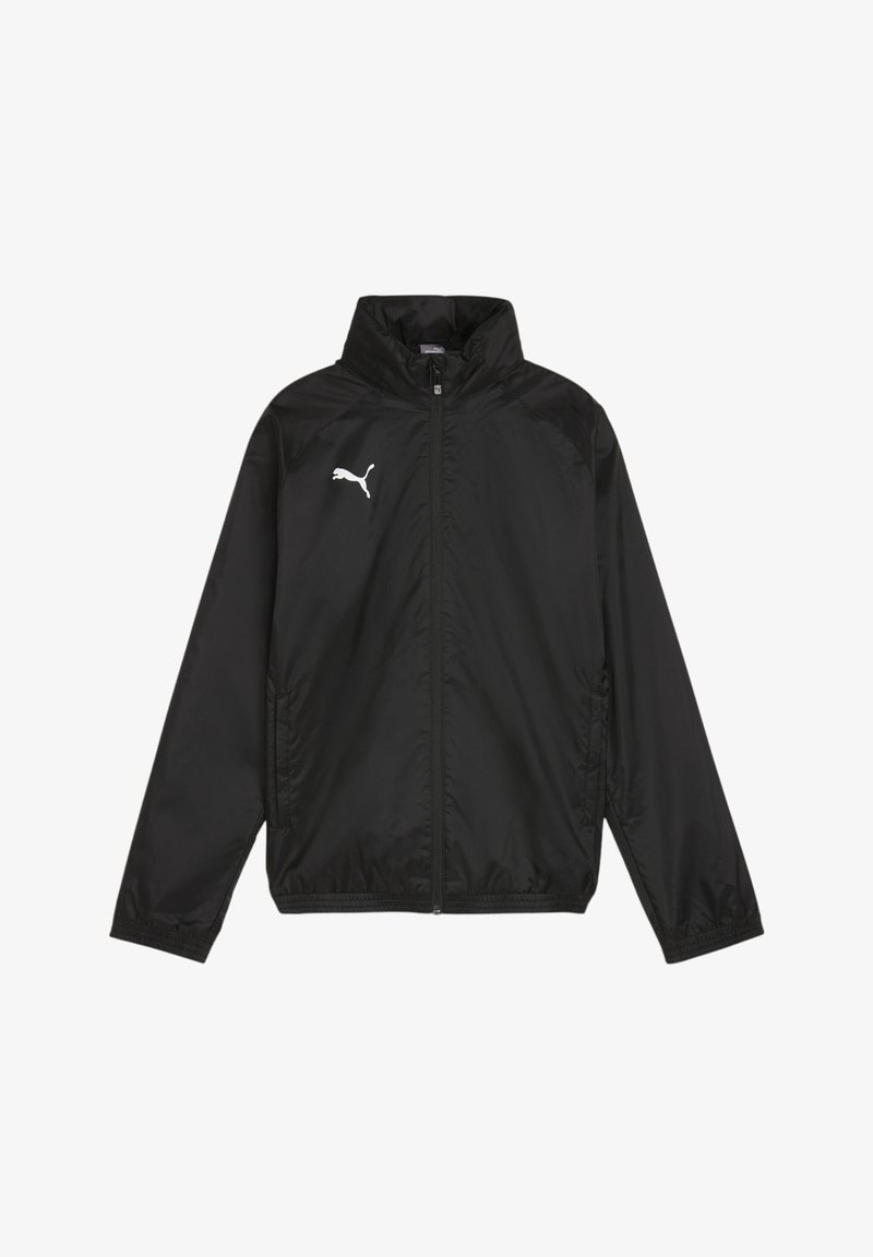 Black windbreaker jacket with a zip front, high collar, and white logo on the left chest. Made from lightweight, smooth material.