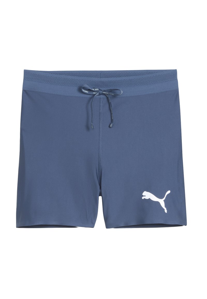 Shorts de bain pour hommes, bleu marine, en tissu à séchage rapide, taille élastique avec cordon de serrage, avec un logo blanc sur le devant.