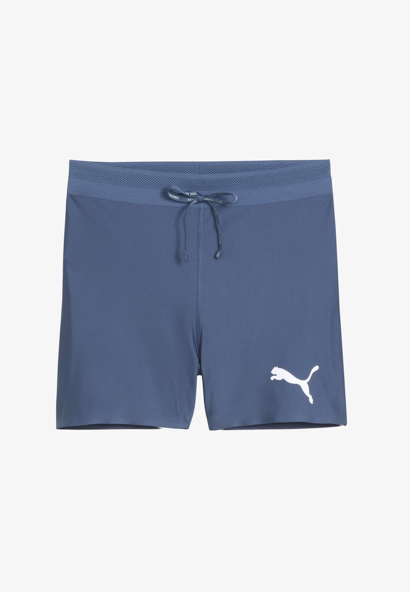 Men’s swimming shorts, navy blue, quick-drying fabric, elastic waistband with drawstring, featuring white logo on the front side.