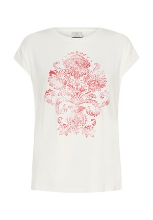 Weißes Baumwoll-T-Shirt mit rotem Blumenmuster auf der Vorderseite, runder Ausschnitt und kurzen Ärmeln. Weiche Textur und lockere Passform.