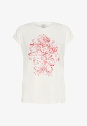 Valge puuvillane T-särk punase lillemustriga, mis on paigutatud keskelt ettepoole, ümmarguse kaelusega ja lühikeste varrukatega. Pehme tekstuur ja mugav lõige.