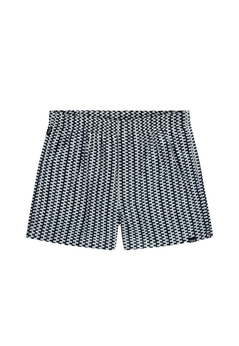 Marine- og hvite mønstrede svømmebukser med elastisk midjebånd og sidepropper, laget av lett stoff, med et geometrisk design.