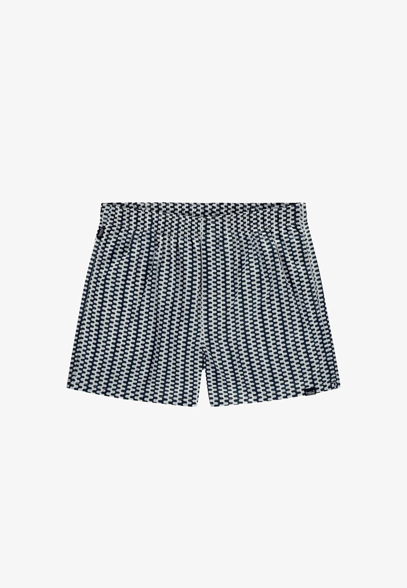 Shorts de bain à motifs bleu marine et blancs avec taille élastique et poches latérales, fabriqués en tissu léger, présentant un design géométrique.