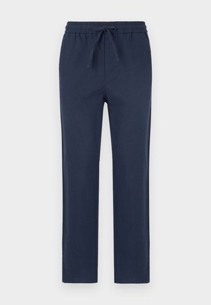 Pantaloni elastici bleumarin cu talie reglabilă, design cu picior drept, textură netedă și fără motive sau detalii metalice vizibile.