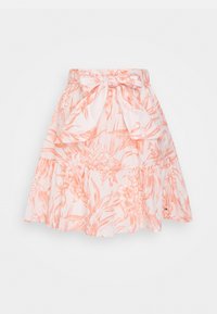 Gonna a fantasia floreale in rosa chiaro e corallo, con cintura legata, balze sovrapposte e una forma svasata. Realizzata in tessuto leggero.