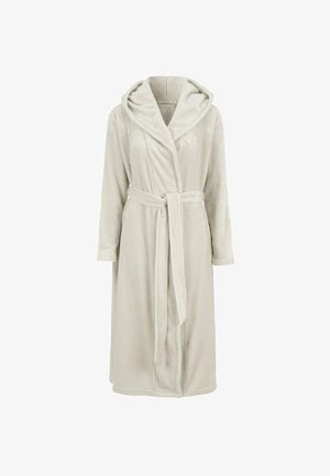 Hellgrauer, plüschiger Bademantel mit Kapuze, langen Ärmeln und Bindegurt. Glatte Textur mit knielanger Schnittform und ohne sichtbare Muster.