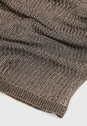 Metallisch brauner Stoff mit einem Fischgrätmuster, das eine weiche Textur und einen gerippten Rand aufweist. Der Stoff ist mit einem glänzenden Finish gewebt.