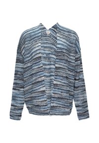 Gestreifter Cardigan in Blau und Grau, aus einem weichen, strukturierten Strickmaterial gefertigt. Er hat einen V-Ausschnitt, lange Ärmel und ein offenes Design.