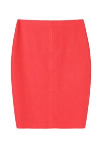 Sukně z korálového lnu, délky po kolena, má hladkou texturu, jednoduchý design a centrální šev na zadní straně. Bez viditelného hardwaru.