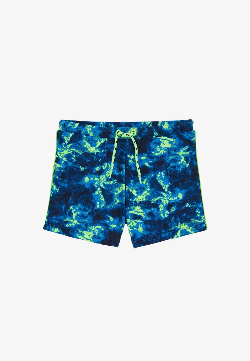 Pantaloni da nuoto realizzati in tessuto leggero, con un motivo astratto blu e verde, cintura elastica con cordino e cuciture laterali.