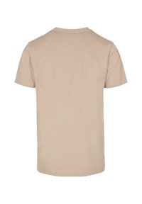 Beige bomulds T-shirt med korte ærmer, rund halsudskæring og en ensfarvet ryg. Stoffet er glat med en blød tekstur, uden mønstre eller udsmykninger.