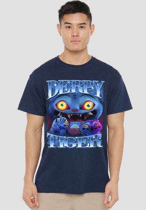 Navy blue cotton t-shirt featuring a graphic print of cartoon creatures with large eyes and exaggerated features, titled "DERPY TIGER."