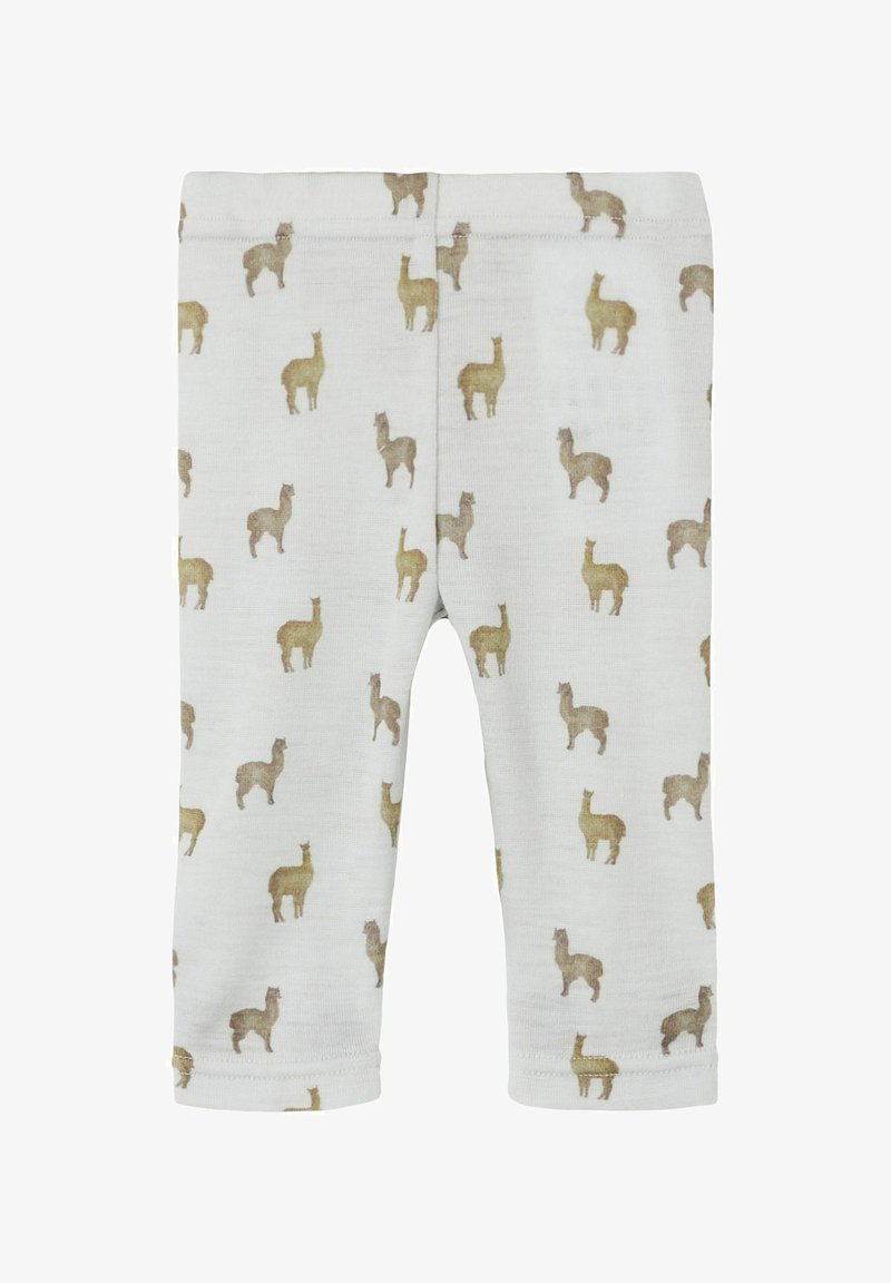 Light grey leggings with a soft texture, featuring an all-over pattern of brown llamas in varying poses. Elastic waist for a comfortable fit.