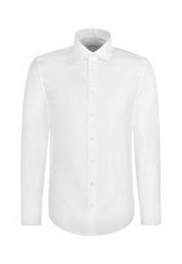 Chemise blanche pour homme à manches longues avec fermeture boutonnée sur le devant et col classique, présentée sur un fond blanc uni.