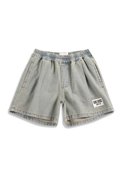 Light blue denim shorts with elastic waistband, side pockets, and a white patch labeled "BOBO CHOSES SINCE '09" on the left leg.