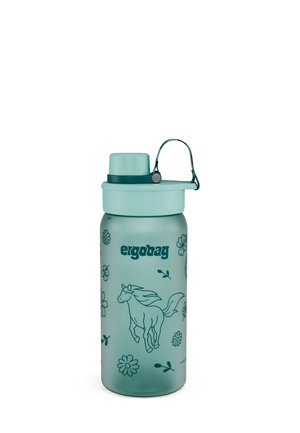Teal plastic water bottle with a flip-top lid, featuring a horse and floral designs. Includes a metal clip for attachment.